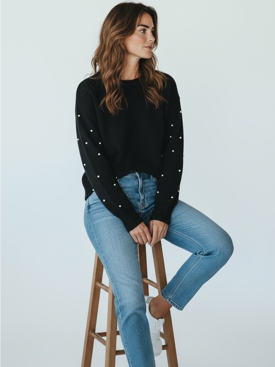 SHEIN Sweaters - SHEIN Black Raised Dash Knit Pearl Bead Embellished Sleeve Sweater - Size Large